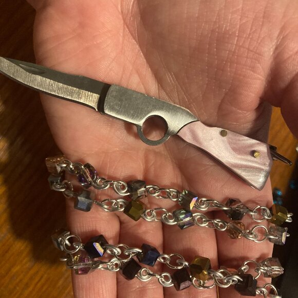 Mini Pocket Knife Rosary with Multi Shade Glass Square Beads - Picture 2 of 5